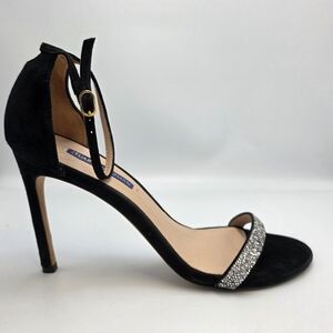 Stuart Weitzman Nudistsong Gemcut Black Suede Crystal Strap Ankle Strap Stiletto